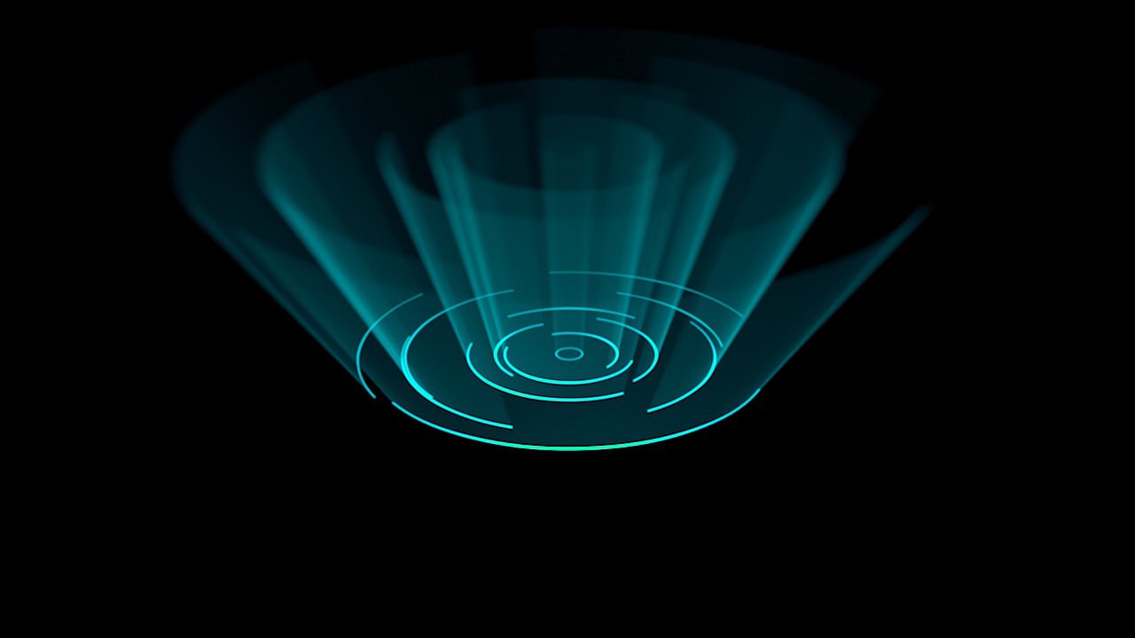 Abstract digital data visualization with glowing blue concentric circles and lines.