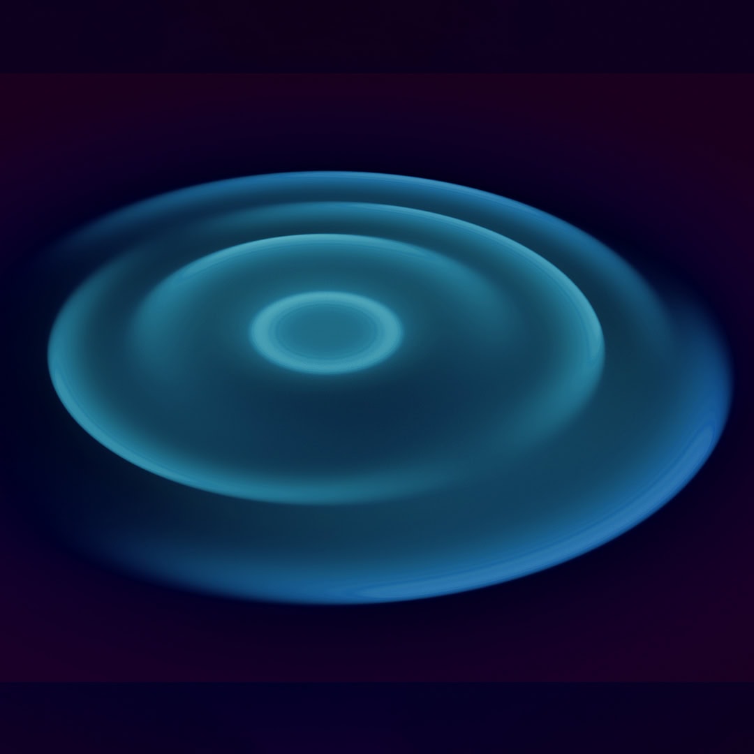 Abstract light and sound art piece with concentric circles in blue hues.