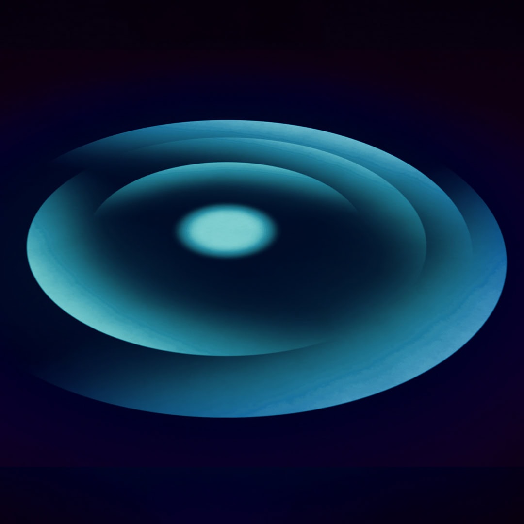 Light installation with concentric circles in blue tones.